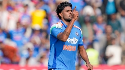 Harshit Rana reacts after taking the wicket of Devon Conway during the first ODI. (PTI) Harshit Rana reacts after taking the wicket of Devon Conway during the first ODI. (PTI)