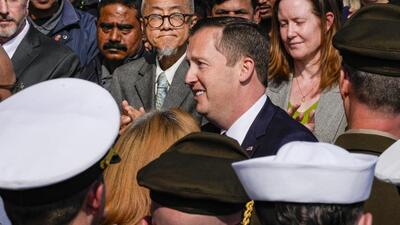 United States ambassador-designate Sergio Gor greets officials upon his arrival at the US Embassy in New Delhi on Monday (PTI)