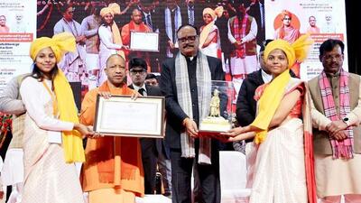 Uttar Pradesh chief minister and deputy CM Brajesh Pathak at the National Youth Day event in Lucknow on Monday. (HT)
