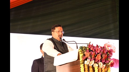 Nabin address a crowd at the ‘Rashtriya Yuva Diwas’ event at Guru Kamal on Monday. (Parveen Kumar/HT)