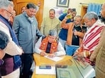 Aditya Sahu files his nomination in Ranchi on Tuesday (HT Photo)