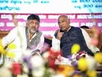 Deputy CM DK Shivakumar with AICC chief Mallikarjun Kharge in Kalaburagi on Monday. (ANI)