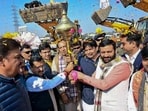 Haryana Chief Minister Nayab Singh Saini, front second right, welcomes BJP national executive president Nitin Nabin, second left, upon his arrival, in Gurugram, Haryana. (PTI) Haryana Chief Minister Nayab Singh Saini, front second right, welcomes BJP national executive president Nitin Nabin, second left, upon his arrival, in Gurugram, Haryana. (PTI)