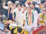 Mumbai, India - Jan. 12, 2026: Telengana cabinet minister Modh Azharuddin along with MP Imran Pratapgrahi and MLA Amin Patel in congress rally for BMC election at Minara Masjid in Mumbai, India, on Monday, January 12, 2026. (Photo by Anshuman Poyrekar/Hindustan Times) (Anshuman Poyrekar/HT Photo)