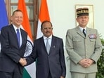 NSA Ajit Doval meets his French counterpart Emmanuel Bonne for 38th India-France Strategic Dialogue in New Delhi on Tuesday. (MEA/ANI)