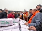 National Conference president Farooq Abdullah visits the Narwal Sabzi Mandi, in Jammu on Monday. (ANI)