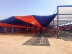 Preparations for the SAD rally in full swing at Muktsar on Tuesday. (Sanjeev Kumar/HT)