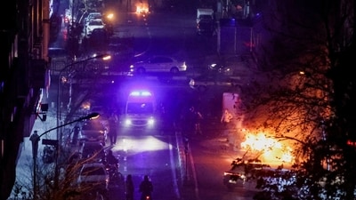 Cars burn in a street during a protest over the collapse of the currency's value, in Tehran, Iran, January 8, 2026. (via REUTERS)