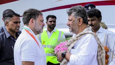 LoP in the Lok Sabha and Congress leader Rahul Gandhi being received by Karnataka DyCM DK Shivakumar upon his arrival at Mysuru airport. (@DKShivakumar) LoP in the Lok Sabha and Congress leader Rahul Gandhi being received by Karnataka DyCM DK Shivakumar upon his arrival at Mysuru airport. (@DKShivakumar)