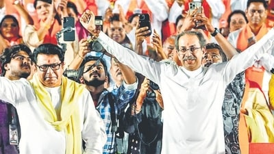 Shiv Sena (UBT) chief Uddhav Thackeray and Maharashtra Navnirman Sena (MNS) chief Raj Thackeray during a joint rally ahead of the Brihanmumbai Municipal Corporation (BMC) election, in Mumbai. (PTI) Shiv Sena (UBT) chief Uddhav Thackeray and Maharashtra Navnirman Sena (MNS) chief Raj Thackeray during a joint rally ahead of the Brihanmumbai Municipal Corporation (BMC) election, in Mumbai. (PTI)