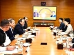BJP leaders (left) in a meeting with a CCP delegation from China, in New Delhi on Monday. (Arun Singh/ X)
