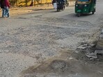 The damaged internal sector road as seen on Wednesday. (HT)