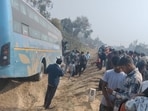 The sleeper bus that skidded off the road in Pratapgarh on Wednesday (HT Photo)