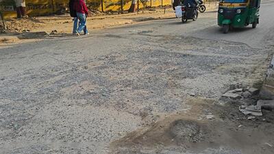 The damaged internal sector road as seen on Wednesday. (HT)