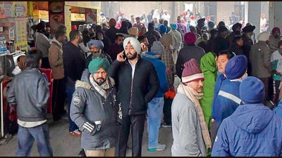Visitors, staff and others outside the court complex during a checking drive on Wednesday. (Manish/HT) Visitors, staff and others outside the court complex during a checking drive on Wednesday. (Manish/HT)