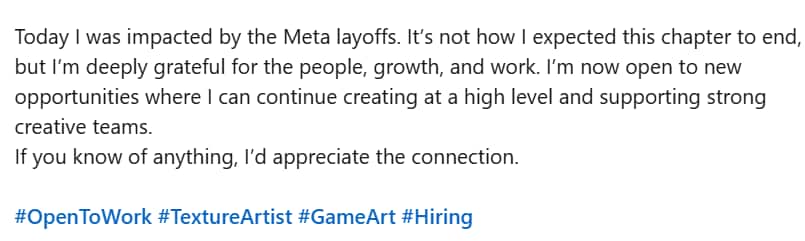 A post by an employee impacted by Meta layoffs. (Screengrab (LinkedIn)) A post by an employee impacted by Meta layoffs. (Screengrab (LinkedIn))