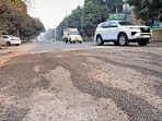 The damaged road outside the MC Zone-D office in Ludhiana on Wednesday. (Gurpreet Singh/HT)