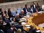 Members of the United Nations Security Council listen as Vasily Nebenzya, Permanent Representative of Russia, during a meeting on the situation in Iran 