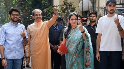 Mumbai: Shiv Sena (UBT) chief Uddhav Thackeray with wife Rashmi Thackeray and sons Aaditya Thackeray and Tejas Thackeray. (PTI) Mumbai: Shiv Sena (UBT) chief Uddhav Thackeray with wife Rashmi Thackeray and sons Aaditya Thackeray and Tejas Thackeray. (PTI)