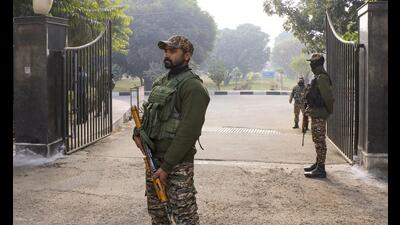Security personnel maintain vigil outside the convention centre during the second-day security review meeting chaired by Union home secretary Govind Mohan, in Jammu, on Thursday. (PTI) Security personnel maintain vigil outside the convention centre during the second-day security review meeting chaired by Union home secretary Govind Mohan, in Jammu, on Thursday. (PTI)