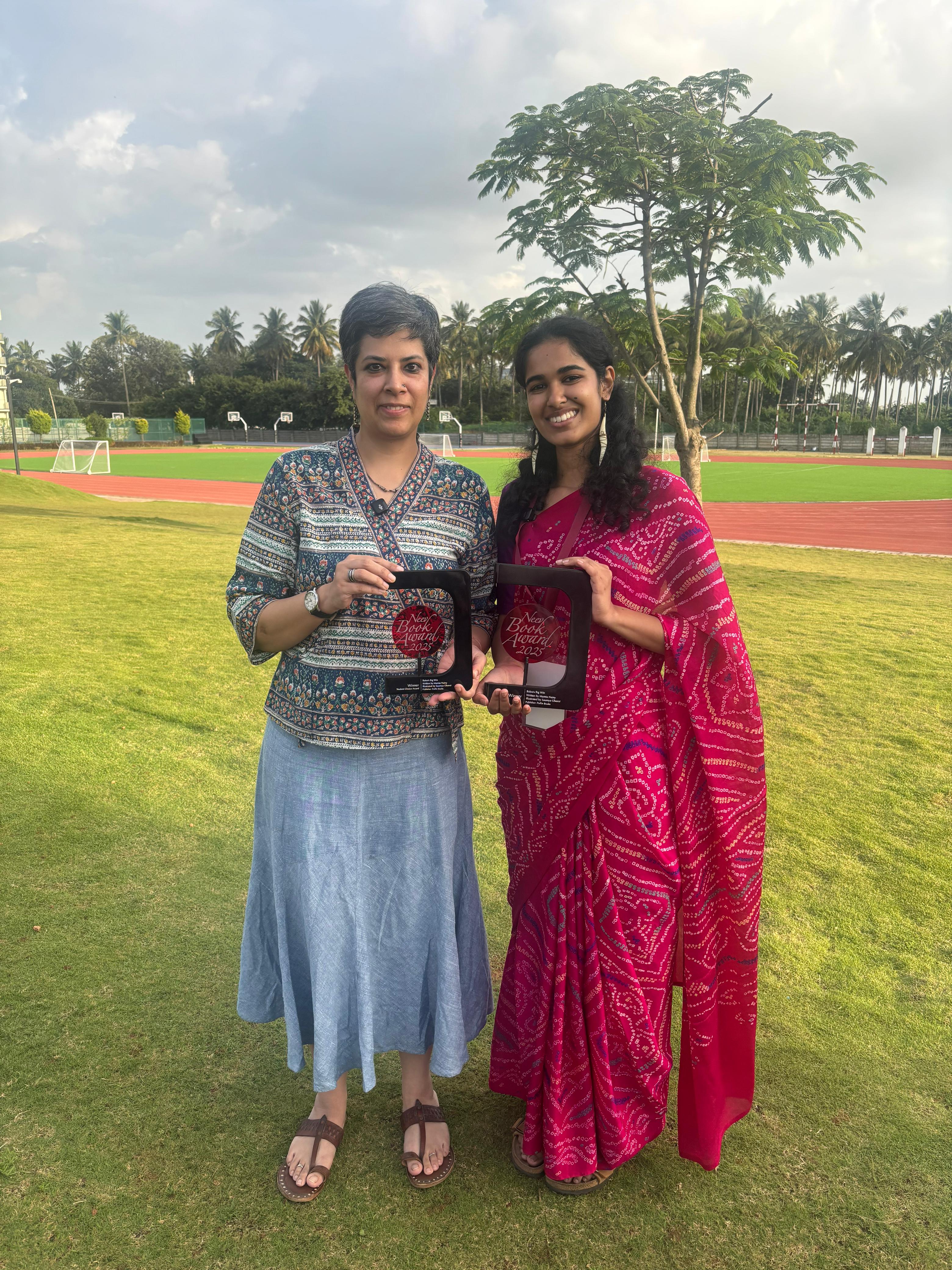 Author Mamta Nainy and illustrator Saumya Oberoi won the Neev Book Award 2025 for their book Baloo’s Big Win (Neev Literature Festival) Author Mamta Nainy and illustrator Saumya Oberoi won the Neev Book Award 2025 for their book Baloo’s Big Win (Neev Literature Festival)