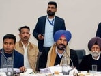 Congress MP Amarinder Singh Raja Warring and other members of the panel during a press conference in Ludhiana on Friday. (Manish/HT)
