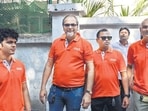 Mumbai, India. Jan 15, 2026 - Members of the Bhagwa Squad are outside the polling station at Balmohan Vidyamandir in Dadar. These Bhagwa Guards, formed by the Shiv Sena and MNS in Mumbai, are monitoring the BMC elections on January 15, 2026, to prevent bogus voting. Mumbai, India. Jan 15, 2026 . (Photo by Raju Shinde/HT Photo) (Raju Shinde)