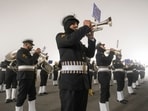Gram it: Indian naval band performs during the rehearsals for forthcoming Republic Day parade. Soldiers from various defence forces have been practicing at Kartavya Path amid dense fog and cold mornings. 
