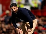 Former Manchester United manager Ruben Amorim reacts during a match.