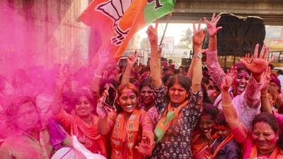 BJP workers celebrate as the party leads during counting of votes for the Solapur Municipal Corporation elections, in Solapur, Maharashtra, on Friday. BJP registers a crushing victory in western Maharashtra, sweeping key urban civic bodies and pushing the Congress, NCP and other opposition parties to the margins in most cities. (PTI) BJP workers celebrate as the party leads during counting of votes for the Solapur Municipal Corporation elections, in Solapur, Maharashtra, on Friday. BJP registers a crushing victory in western Maharashtra, sweeping key urban civic bodies and pushing the Congress, NCP and other opposition parties to the margins in most cities. (PTI)