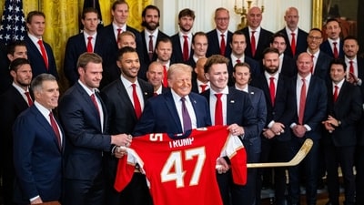 US President Donald Trump is presented a jersey during a celebration for the 2025 Stanley Cup champions in the East Room of the White House in Washington, DC. (Bloomberg) US President Donald Trump is presented a jersey during a celebration for the 2025 Stanley Cup champions in the East Room of the White House in Washington, DC. (Bloomberg)