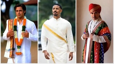 Brad Pitt slays in a white kurta, Michael B Jordan shines in a sleek white angavastram and Robert Downey Jr goes regal in an embroidered sherwani. (Instagram/ gabu.ai) Brad Pitt slays in a white kurta, Michael B Jordan shines in a sleek white angavastram and Robert Downey Jr goes regal in an embroidered sherwani. (Instagram/ gabu.ai)