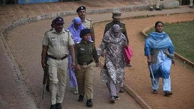 Sonali Vanraj Andekar and Laxmi Udaykant Andekar (wearing scarves) were arrested in connection with the murder of Ayush Komkar and are facing judicial proceedings. Voters in ward number 23 (Raviwar Peth-Nana Peth) elected the two members of the Andekar family who contested the civic polls from jail. (HT FILE)