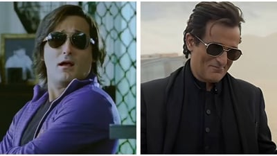 Akshaye Khanna in Tees Maar Khan (left) and in Dhurandhar (right). Akshaye Khanna in Tees Maar Khan (left) and in Dhurandhar (right).