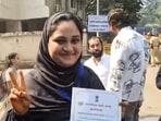 **EDS: SCREENSHOT VIA PTI VIDEOS** Mumbai: AIMIM's Khairunnisa Akbar Hussain shows her certificate after her victory in the Brihanmumbai Municipal Corporation elections, in Mumbai, Friday, Jan. 16, 2026. (PTI Photo)(PTI01_16_2026_000095B) (PTI)