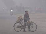 A commuter navigates her way through dense fog in Ludhiana on Saturday. (Gurpreet Singh/Hindustan Times)