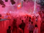 BJP members celebrate victory in the BMC elections 2026 at the party office, in Mumbai on Friday.