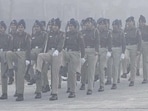 Chandigarh Police personnel brave the fog as they rehearse for the Republic Day celebrations at Parade Ground, Sector 17, on Friday. (Keshav Singh/HT) Chandigarh Police personnel brave the fog as they rehearse for the Republic Day celebrations at Parade Ground, Sector 17, on Friday. (Keshav Singh/HT)