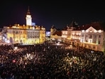 A drone view shows students and other demonstrators gathered for the first protest of the year, after months of rallies demanding political accountability and election