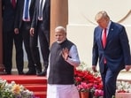 Prime Minister Narendra Modi and US President Donald Trump at Hyderabad House in Delhi