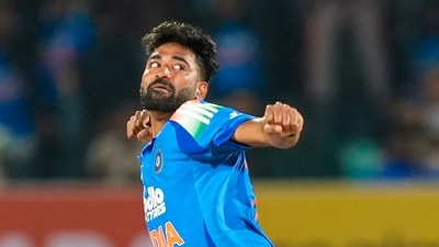 India's Mohammed Siraj celebrates after New Zealand's Daryl Mitchell. (PTI) India's Mohammed Siraj celebrates after New Zealand's Daryl Mitchell. (PTI)