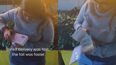 A woman ordered an iPhone 17 via Blinkit, unboxed it on camera and accidentally dropped the phone. (Instagram/ashixsingla) A woman ordered an iPhone 17 via Blinkit, unboxed it on camera and accidentally dropped the phone. (Instagram/ashixsingla)