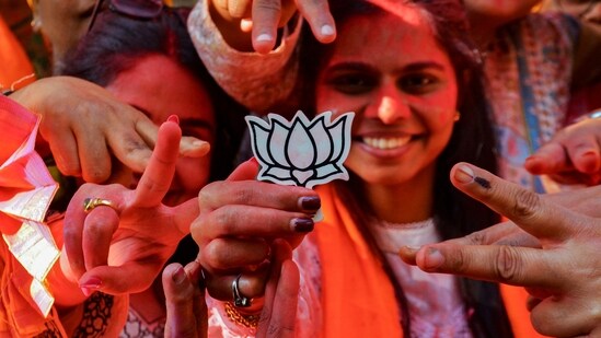 Thane: BJP workers celebrate their victory in the Thane Municipal Corporation (TMC) elections, in Thane, Maharashtra, Friday, Jan. 16, 2026. Thane: BJP workers celebrate their victory in the Thane Municipal Corporation (TMC) elections, in Thane, Maharashtra, Friday, Jan. 16, 2026.