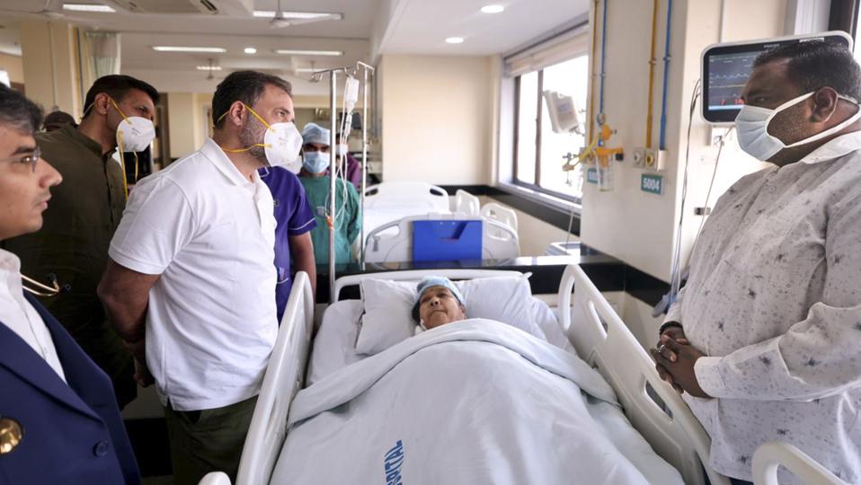 Gandhi arrived in Indore on Saturday, where he met patients admitted to Bombay Hospital and the families of those who died. (@INCIndia) Gandhi arrived in Indore on Saturday, where he met patients admitted to Bombay Hospital and the families of those who died. (@INCIndia)