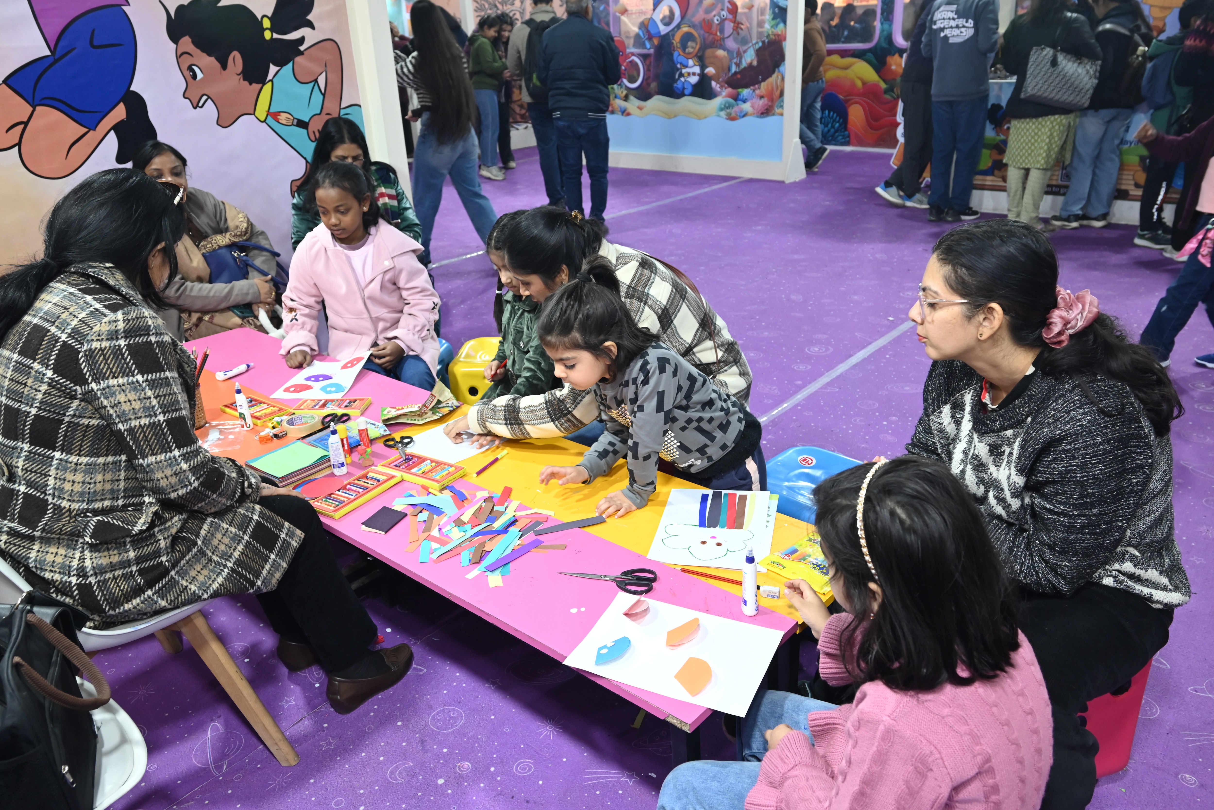 Creativity continues with Origami, Cartoon Design, Character Creation, Theatre Workshops, Puppet Shows, and calming Mandala Art sessions. (National Book Trust)