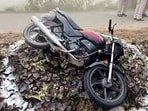 A view of a bike lying on the ground following an encounter between police and a murder accused, in Jalandhar on Sunday. (Jalandhar Police)