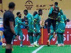 Senegal players celebrate after their first goal during the Africa Cup of Nations (CAN) final 