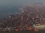 An aerial view of devotees bathing at Sangam on the occasion of Mauni Amavasya during the ongoing Magh Mela in Prayagraj on Sunday. (HT)