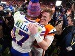 Buffalo Bills quarterback Josh Allen (17) greets Denver Broncos quarterback Bo Nix (10) after an NFL divisional round playoff football game, Saturday, Jan. 17, 2026, in Denver. Buffalo Bills quarterback Josh Allen (17) greets Denver Broncos quarterback Bo Nix (10) after an NFL divisional round playoff football game, Saturday, Jan. 17, 2026, in Denver.