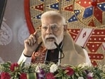 Prime Minister Narendra Modi addresses the gathering during the 'Bhoomi Pujan' ceremony of the Kaziranga Elevated Corridor Project, in Kaliabor, Nagaon district, Assam. 